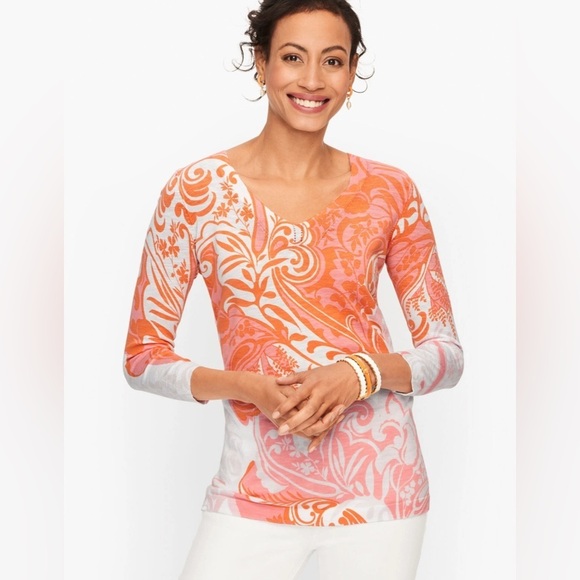 Talbots Sweaters - TALBOTS SLUB COTTON V-NECK SWEATER PAISLEY - Women’s M Orange